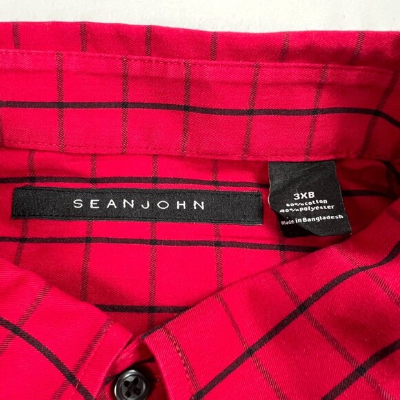 Sean John Mens Shirt 3XB Red Black Plaid & Button Down Shirt Cotton Poly Blend - Picture 3 of 9